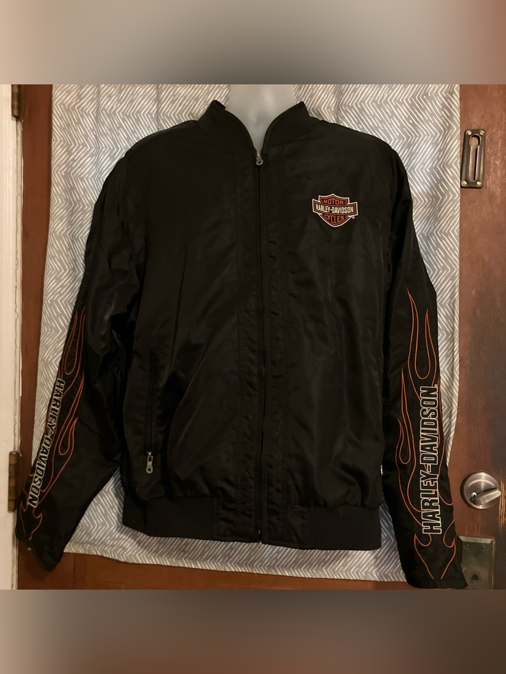 Harley-Davidson Black Bomber Jacket with Orange Flame Sleeves